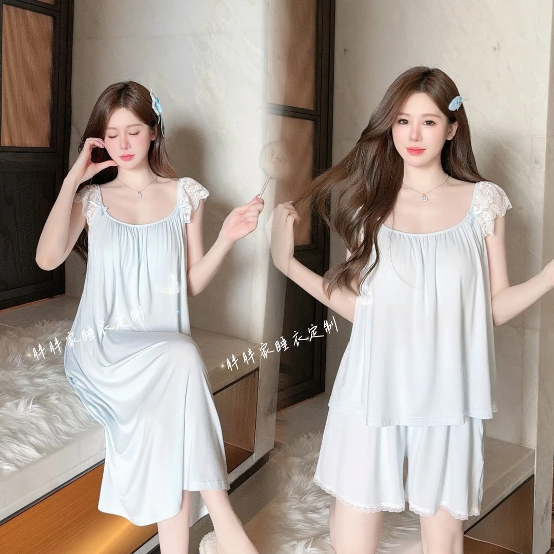 【女神降临】飞边蕾丝吊带裙纯色带胸垫中长款透气可外穿睡衣套装