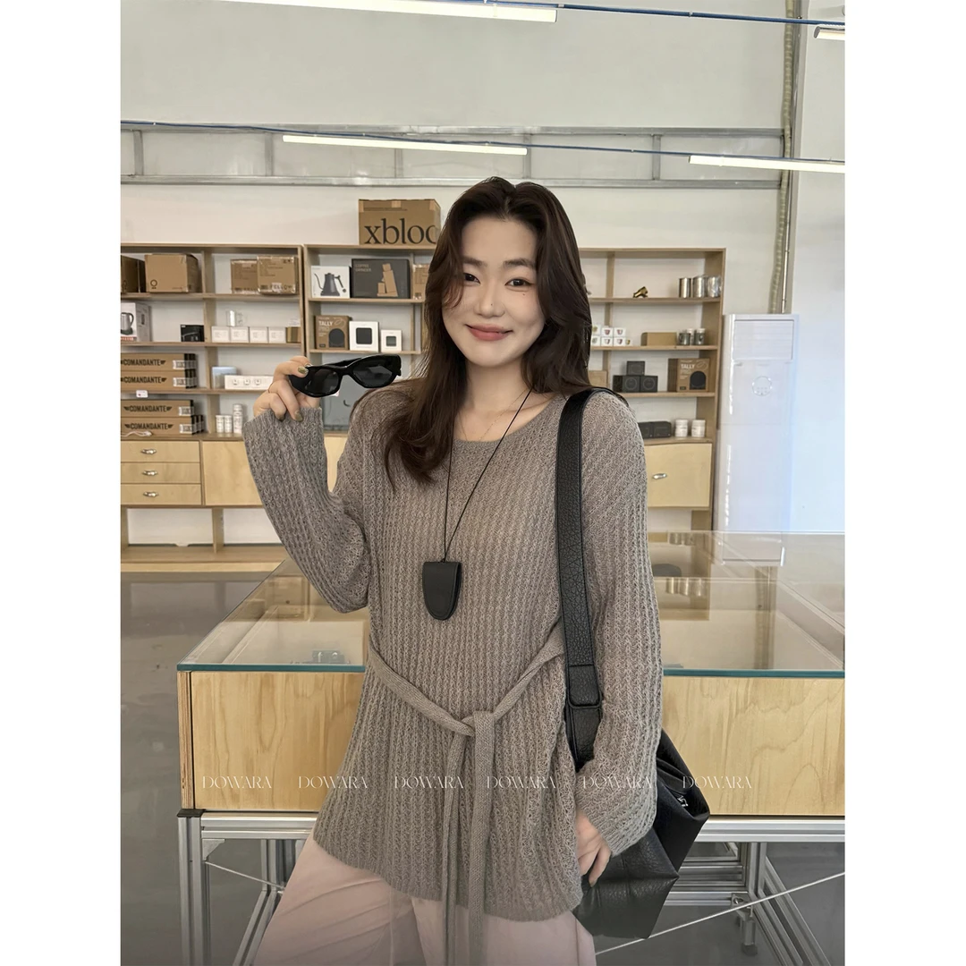 现货大婉酱微胖定制慵懒风绵羊毛混纺坑条毛衣秋季女针织衫 9582D
