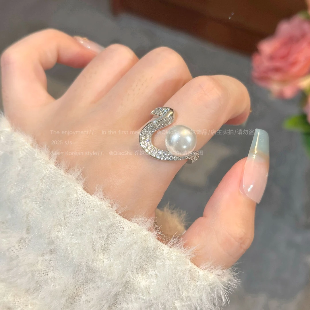 铜合金合成锆石戒指 C454轻奢小众波浪纹珠珠开口戒指女网红高级