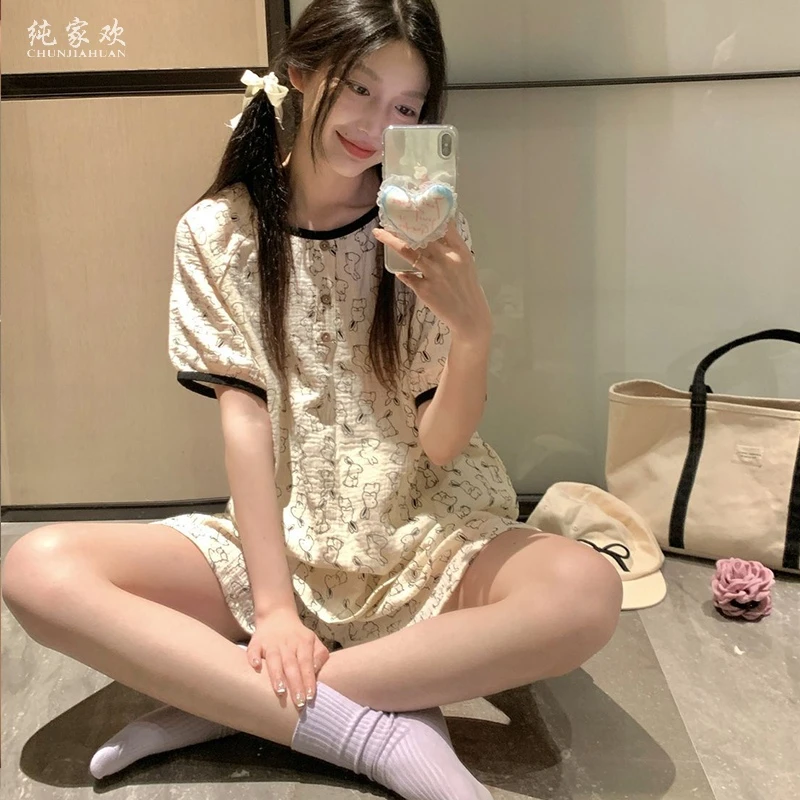 卡通兔子短袖短裤睡衣女款爆款2025新款夏天休闲套装家居服可外穿