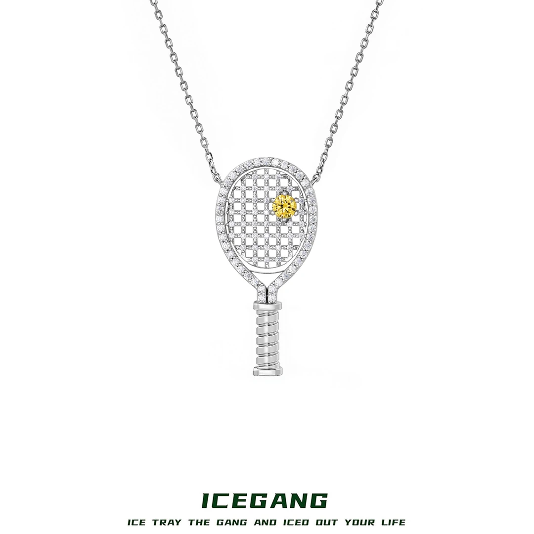 ICEGANG 铜合金合成锆石吊坠 满钻网格网球拍吊坠老钱项链欧美