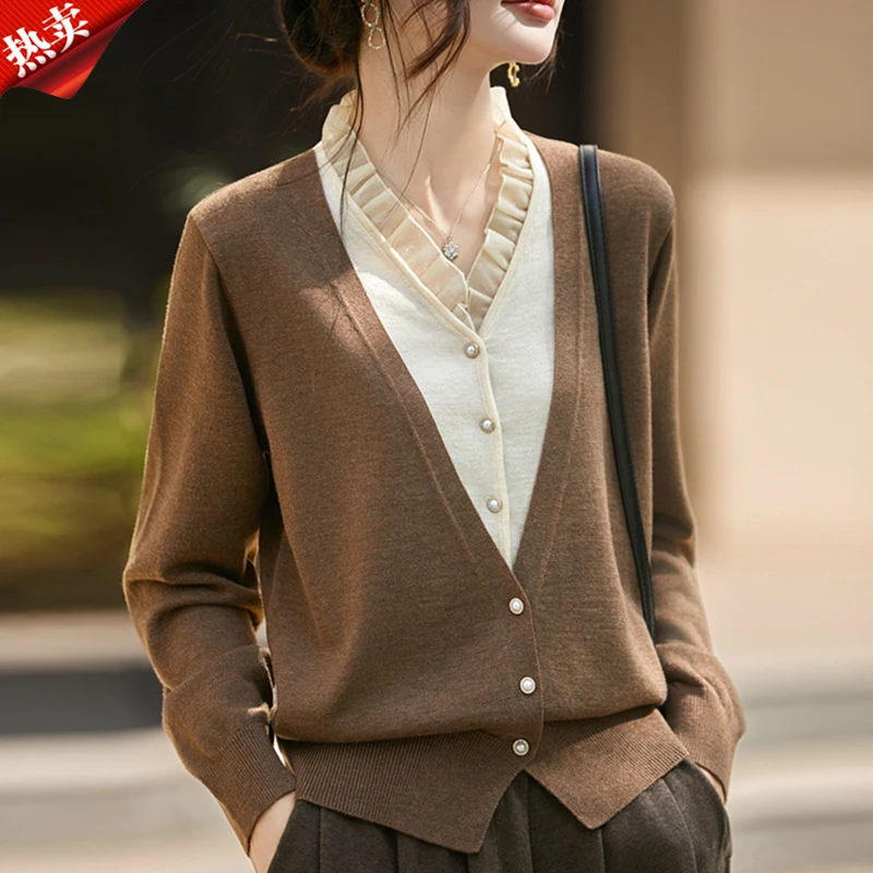 时尚品牌正品春秋款拼色蕾丝木耳领假两件针织开衫时尚女装上衣