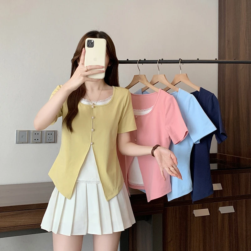 2025夏装新款胖mm大码女简约拼接蕾丝花边假两件短袖T恤35286