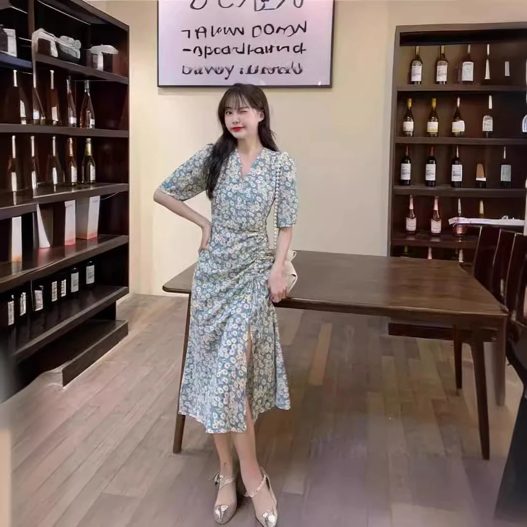 欧若风夏季新款大码夏季法式初恋复古温柔风长裙chic开叉碎花连衣