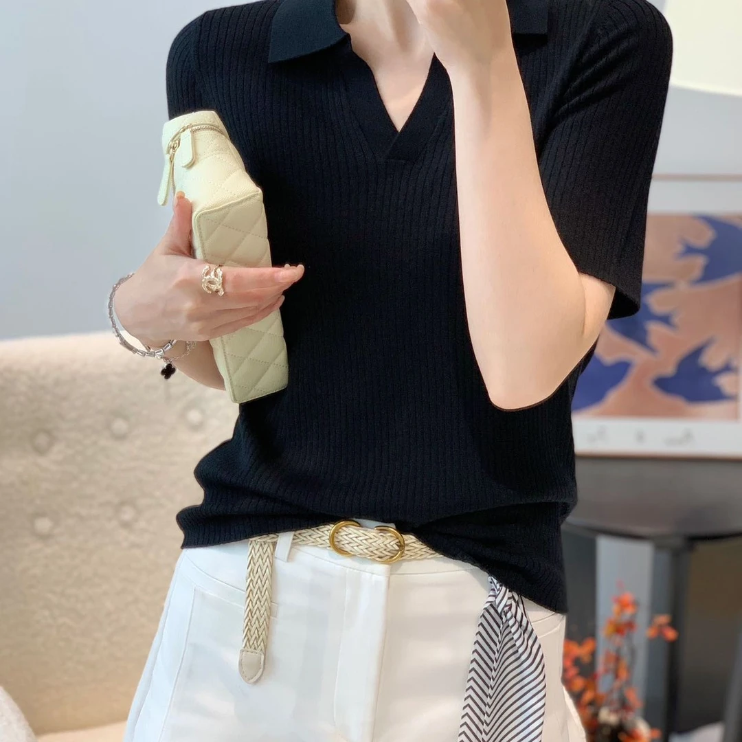 针织POLO领春秋季短袖薄款毛针织衫百搭时尚翻领毛衣