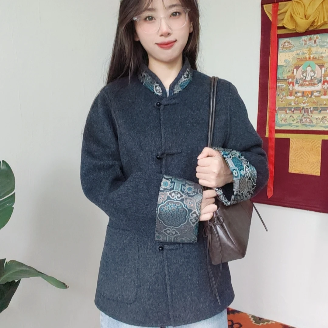 藏式双面羊毛大衣中开对襟立领女士外套深灰色显瘦不臃肿
