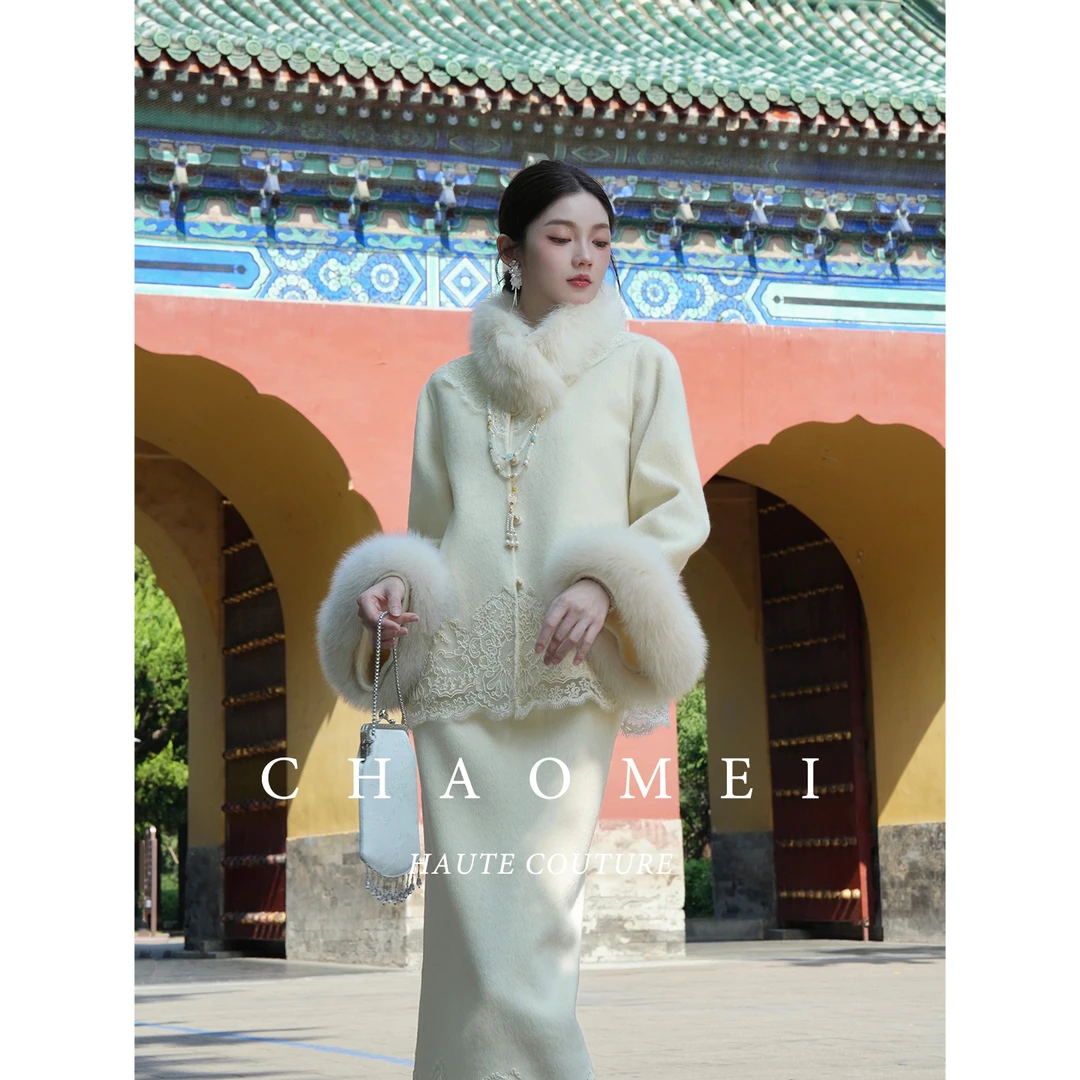 【贵女】冯（CHAOMEI国风新中式100羊毛双面呢米色套装+狐狸毛毛领