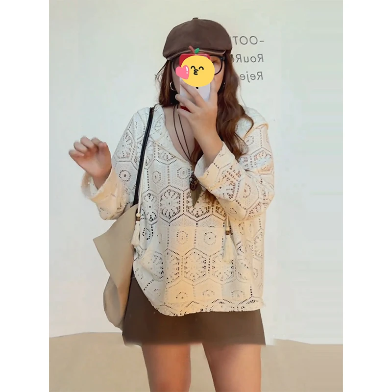 大码设计感镂空连帽针织衫女秋季胖mm显瘦高级感独特宽松遮肉上衣