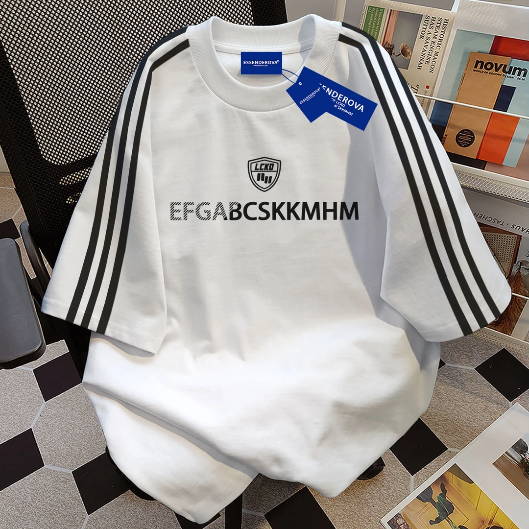 100%纯棉小众字母三条杠短袖t恤女夏季爆款宽松简约休闲情侣上衣