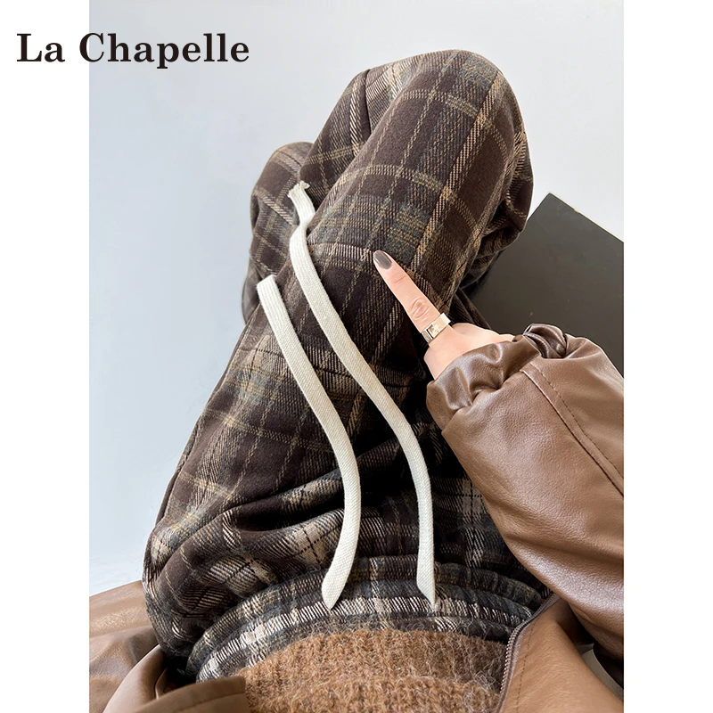 拉夏贝尔复古加绒格子阔腿裤女秋冬2025新款慵懒风宽松直筒休闲裤