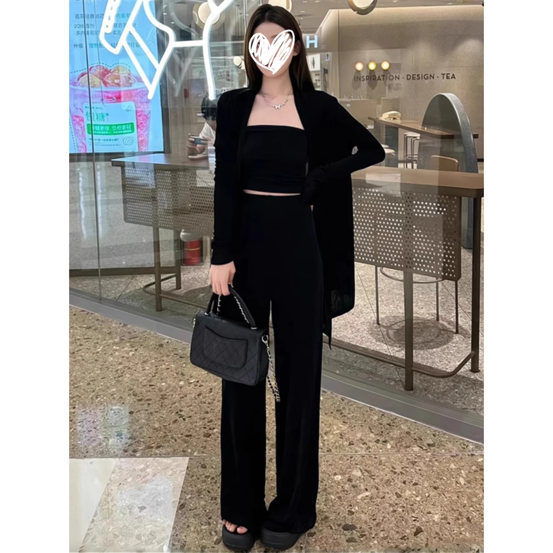 性感露肩时尚套装女士韩系防晒开衫裹胸阔腿裤休闲显瘦薄款三件套