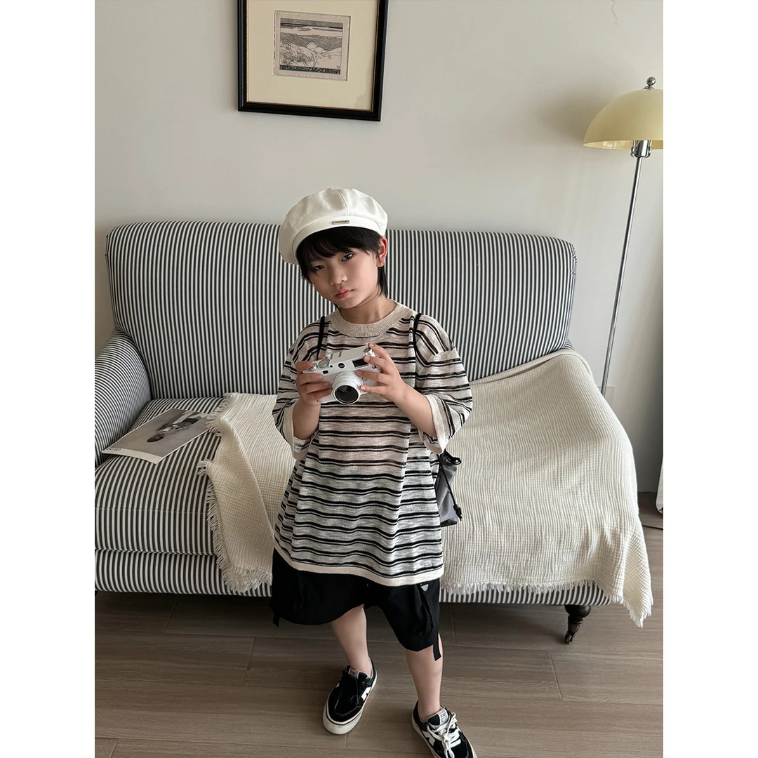 【Tang小白】男童针织防晒短袖罩衫25年夏季童装新款儿童条纹空调衫
