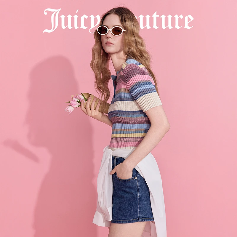 Juicy Couture橘滋25夏新款炫彩舒夏段染纱条纹短袖修身针织衫女