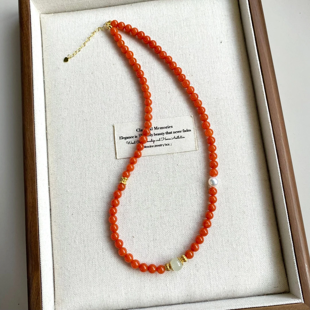 珍氏珠宝天然淡水珍珠项链女S925银新中式正圆南红碧玉颈链（芳菲）