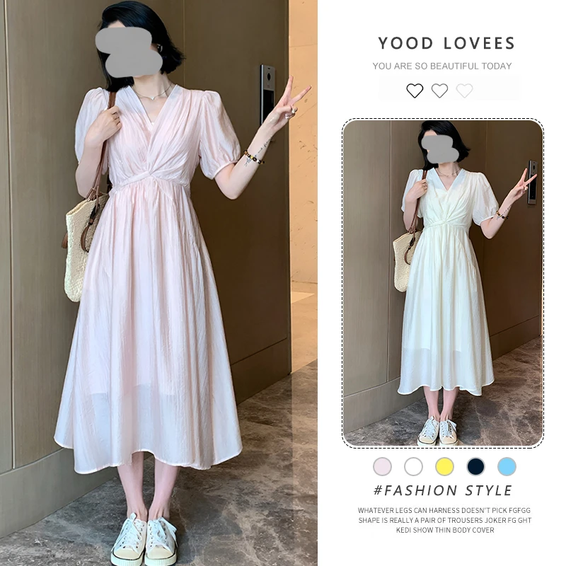 温柔风气质甜美V领连衣裙2025夏季新款淑女仙气收腰a字长裙子女装