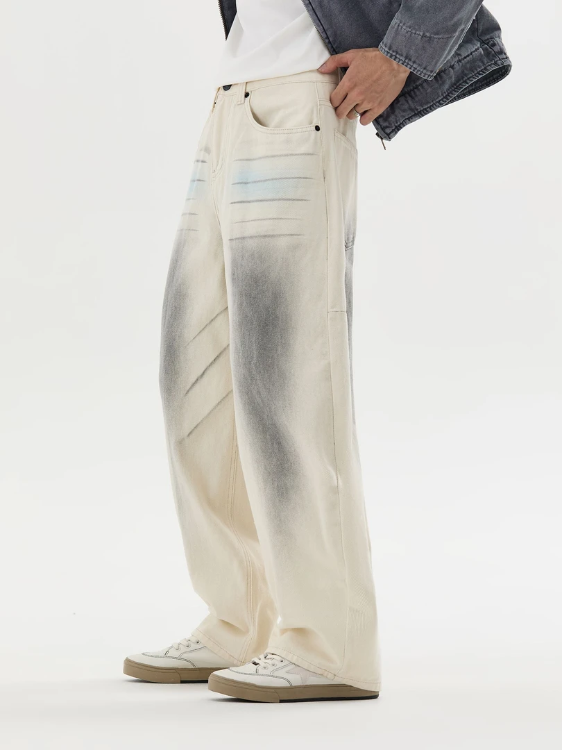 秋冬高街水洗涂鸦米白色牛仔裤宽松休闲痞帅弯刀裤显瘦复古潮