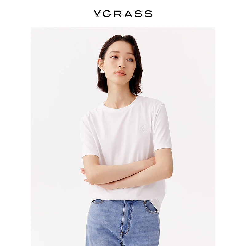 VGRASS清爽刺绣圆领棉T恤25年夏季新款宽松短袖上衣VST1Q2498D