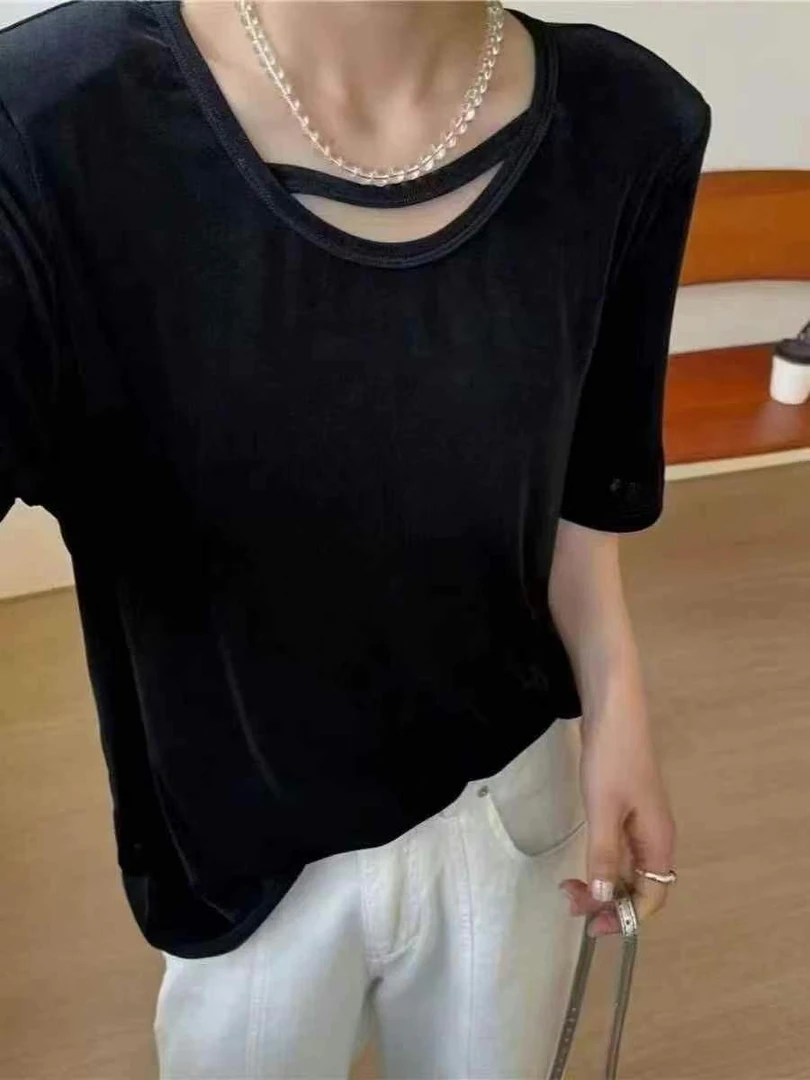欧洲站欧货显瘦纯色拼接短袖黑色蕾丝方领T恤黑色t恤修身休闲韩版