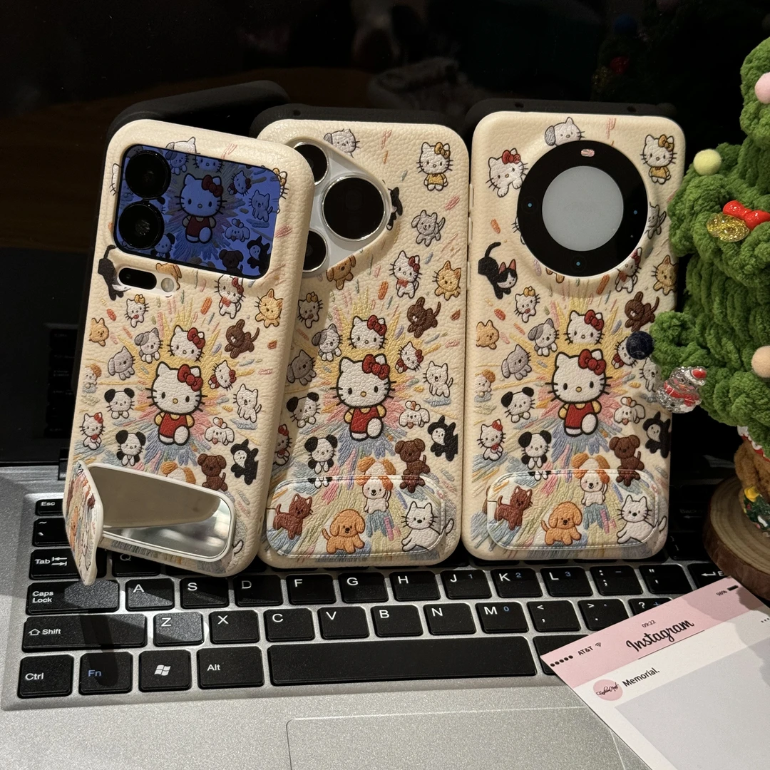 爆炸KT小猫标签适用苹果17手机壳16pro华为荔枝纹vivo小米15oppo