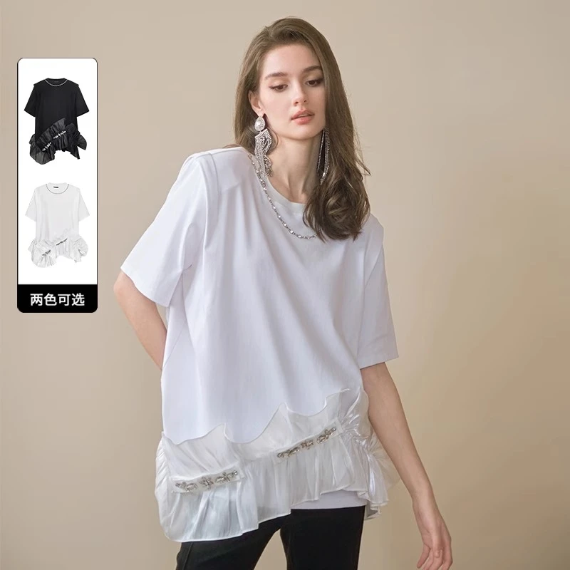 FLONAKED设计师白色水光亮纱蝴蝶结钻饰宽肩T恤小众设计