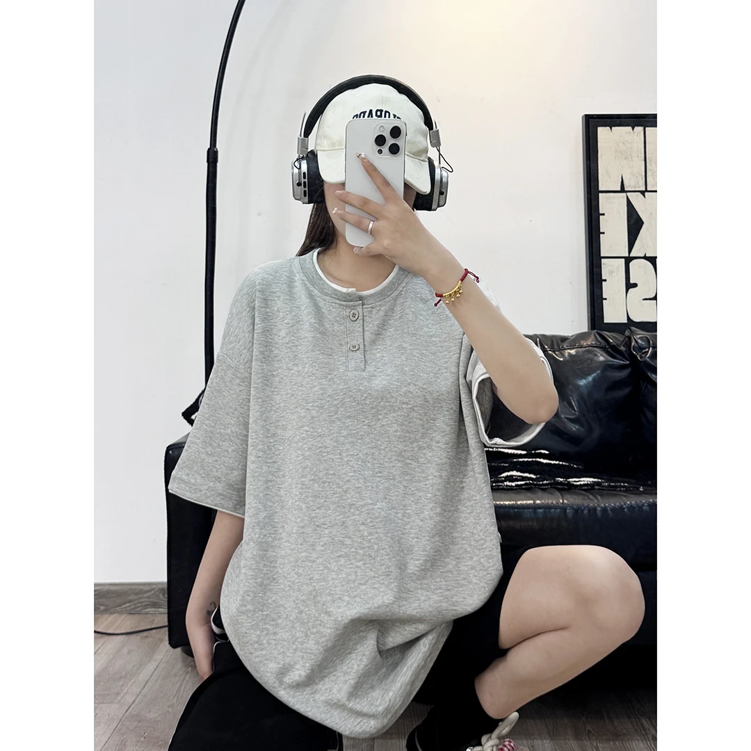 美式假两件拼接短袖男高级感宽松休闲百搭打底T恤ins潮流五分