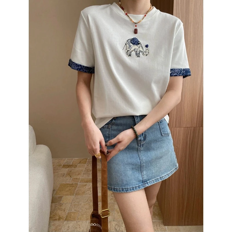 小众设计感 异域风袖口拼接刺绣大象贴布圆领短袖T恤