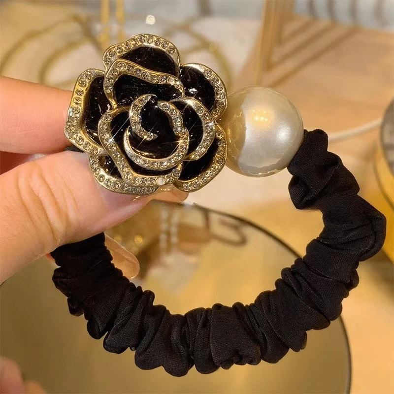 复古轻奢闪钻珠珠山茶花小香风发圈时尚百搭不伤发马尾发绳皮筋