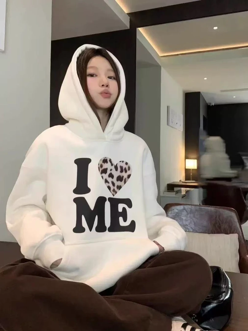 美式复古重磅连帽卫衣女秋冬新款宽松慵懒风情侣帽衫