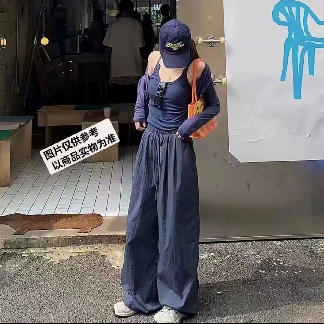 甜酷女孩黑色休闲套装夏季长袖防晒衫背心吊带阔腿长裤三件套显瘦