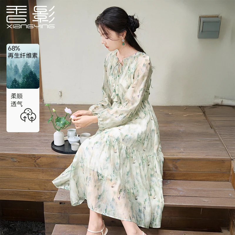 Q851190连衣裙 香影欧若新中式新中式印花连衣裙女2025春季新款