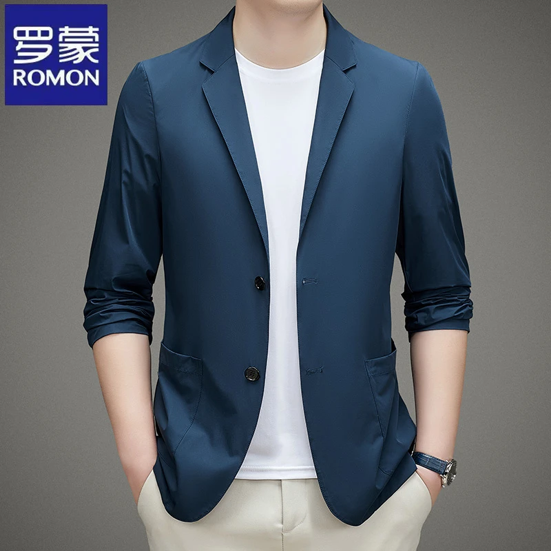 罗蒙商务绅士轻薄款两粒扣防晒西服春夏季纯色高档男士休闲外套潮