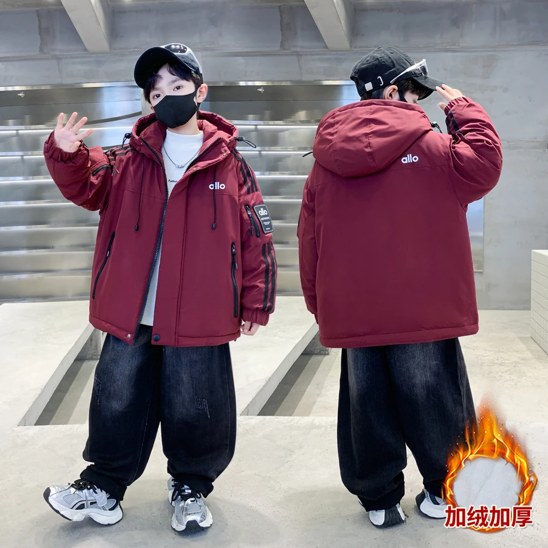 男童冬款加厚外套中大童连帽加绒派克服男孩帅气宽松保暖防风上衣