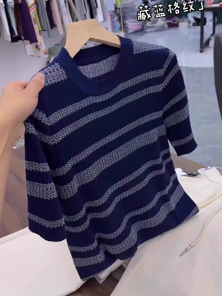 夏季时尚百搭条纹撞色圆领显瘦短袖针织衫女款CX277