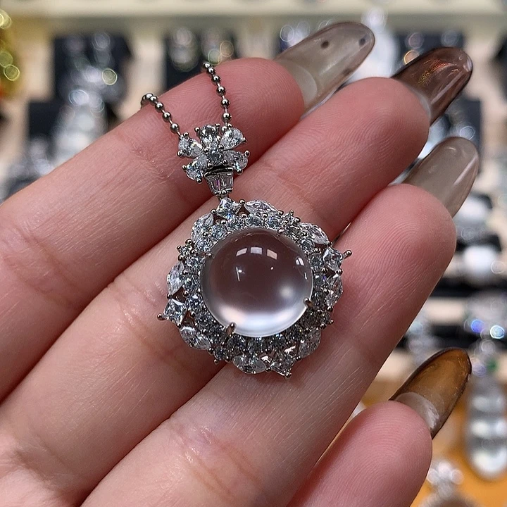 石英质玉银S925镶嵌吊坠(赠链)卡12黑钢蛋面吊坠