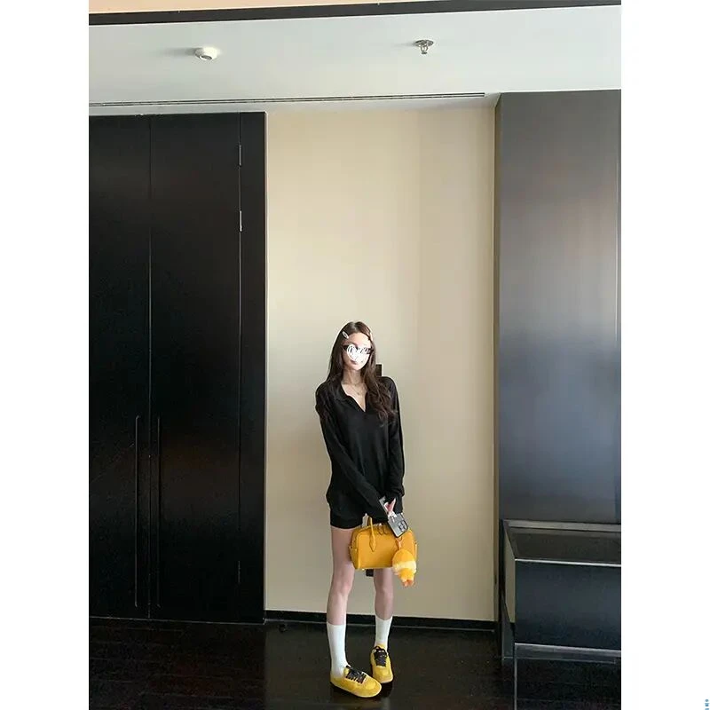 女生韩系ins衣服长袖罩衫polo衫T恤上衣夏季宽松百搭休闲短裤套装