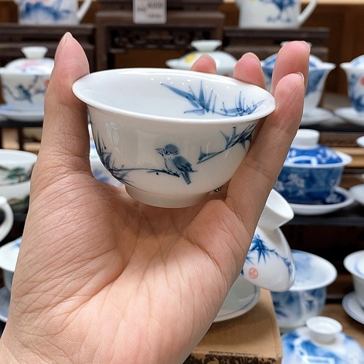 手绘咏竹压手杯85cc釉下彩微瑕福利款
