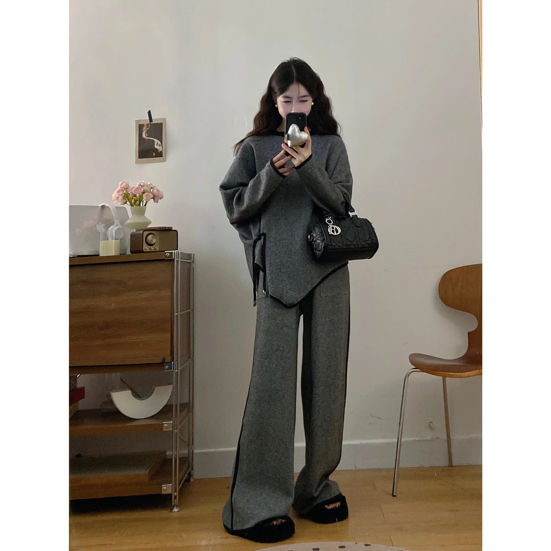 实拍胖妹妹大码女装秋冬新款设计感不规则圆领时尚阔腿长裤套装