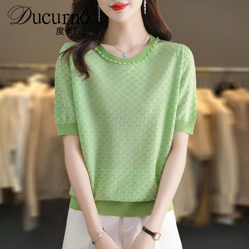 短袖t恤女2025新款减龄大码女装夏季宽松薄款冰丝针织衫钉珠上衣