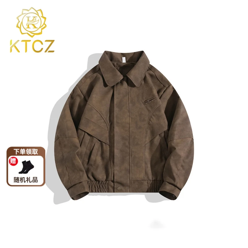 KTCZ百搭春季美式纯色秋季螺纹翻领翻领短款夹克宽松型