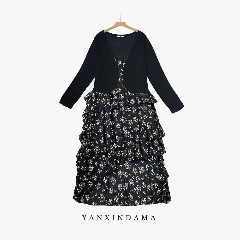 【岩心】大码女装300斤胖MM时尚法式碎花吊带裙针织开衫套装66825