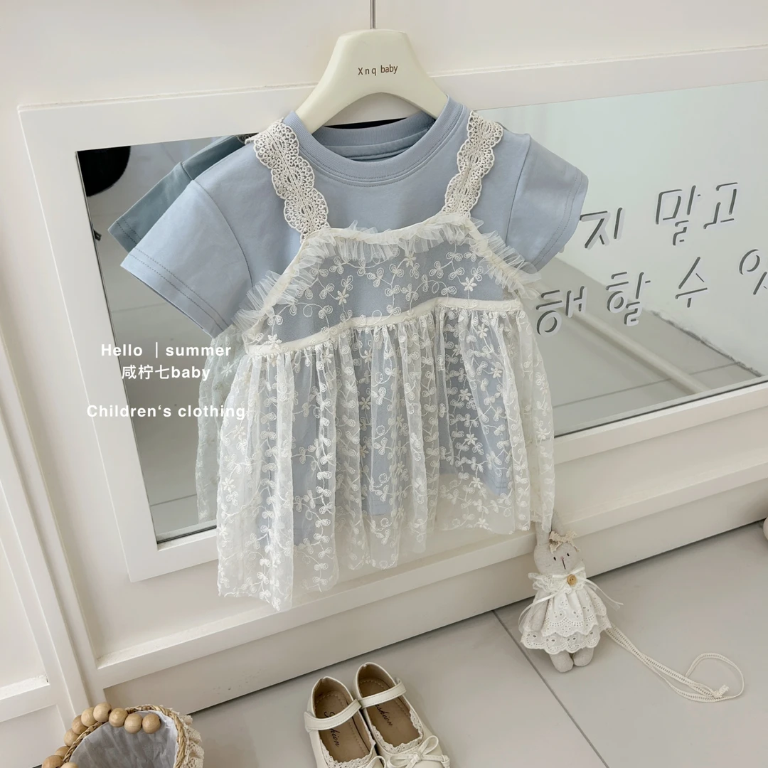 现【咸柠七】2025夏季新品韩国童装韩版洋气蕾丝款女童连衣裙两件套
