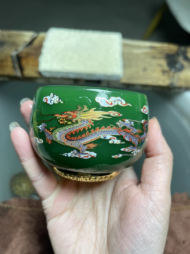 大容量龙凤呈祥绿帝王琉璃杯茶具