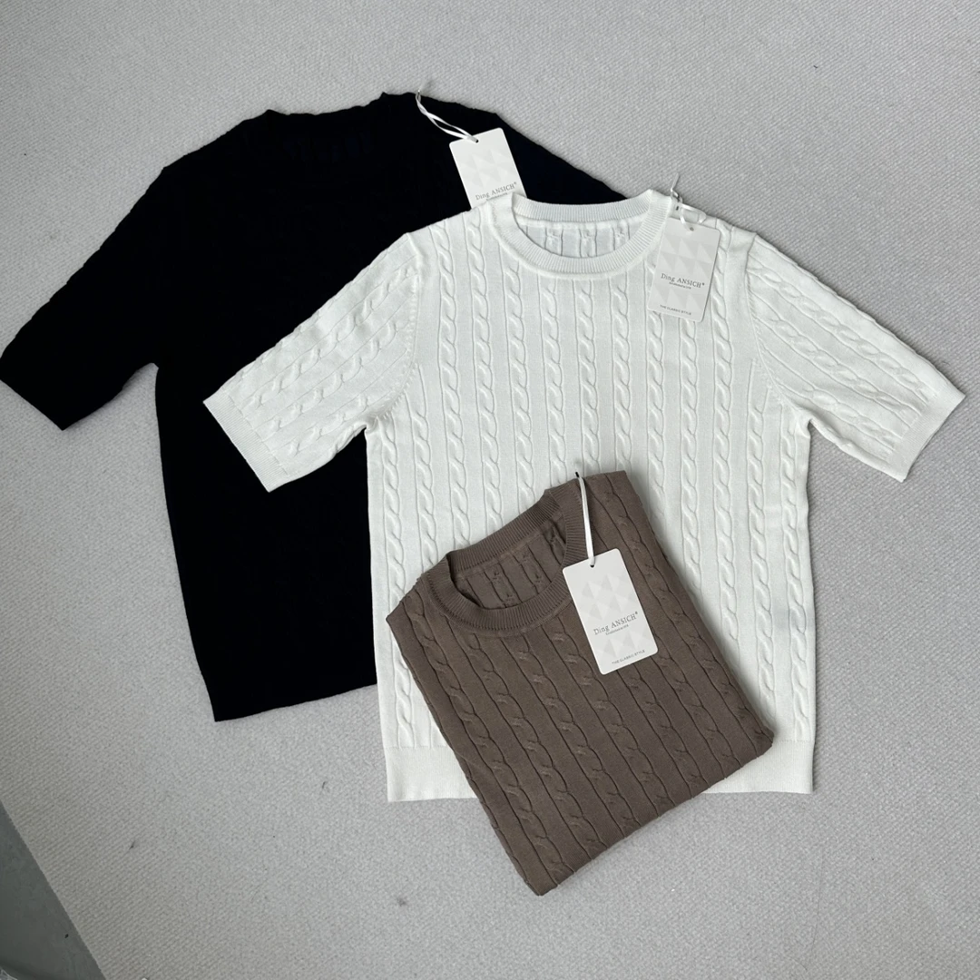 【大连冉然】2025春季新款时尚百搭圆领套头纯色扭麻花针织半袖