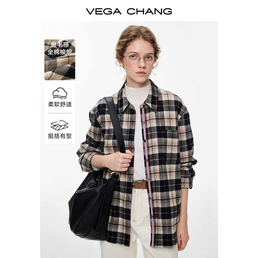 【粉墨格调】VEGACHANG粉黑格子衬衫女2025年叠穿松弛感衬衫0594XT