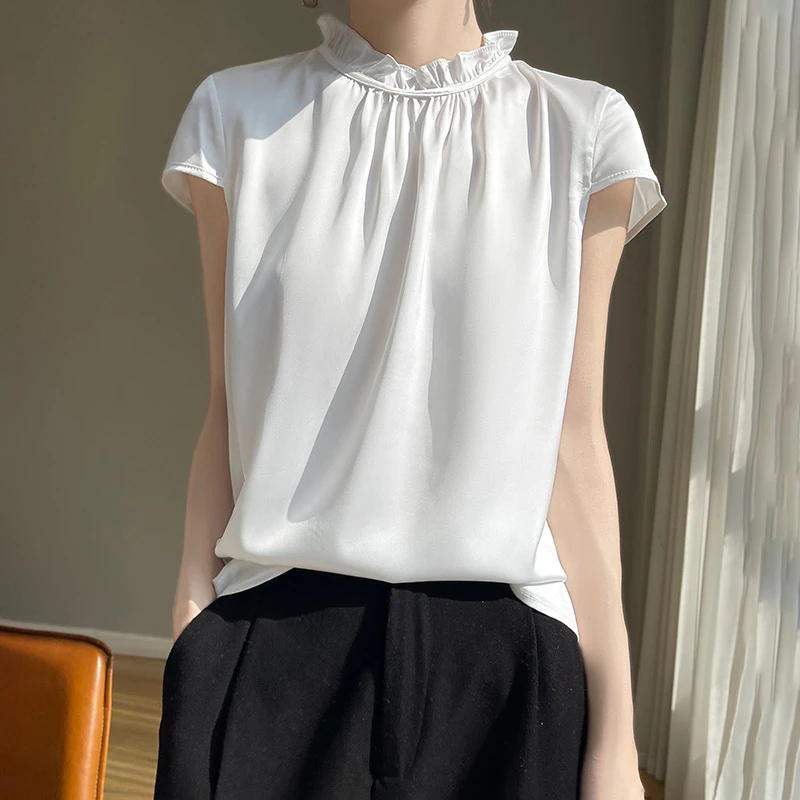 高级感纯色短袖t恤女新款木耳领气质百搭显瘦丝滑缎面衬衫