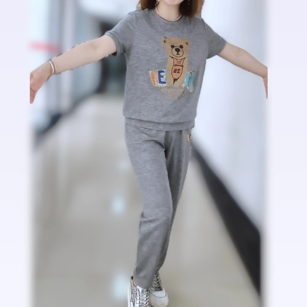 夏季圆领宽松减龄韩版休闲运动套装薄款显瘦休闲时尚