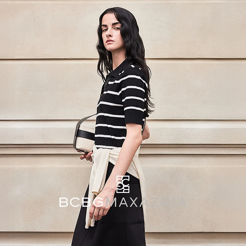 BCBGMAXAZRIA流光静奢领珠饰条纹套头T恤短袖衫BMC07AZ1800