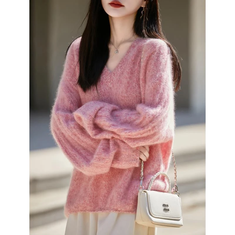 【羊绒拉绒】厚款加绒加厚款针织女V领纯色宽松ZM283