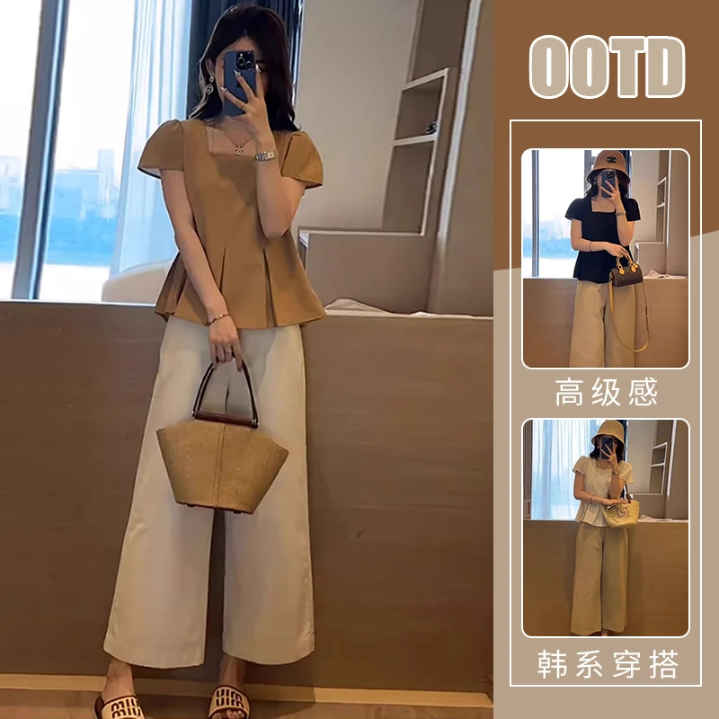 洋气炸街两件套装夏季小个子气质收腰方领短袖上衣高腰垂感休闲裤