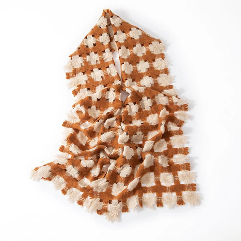 秋冬新款纯山羊绒花朵格子围巾时尚百搭保暖围脖D217